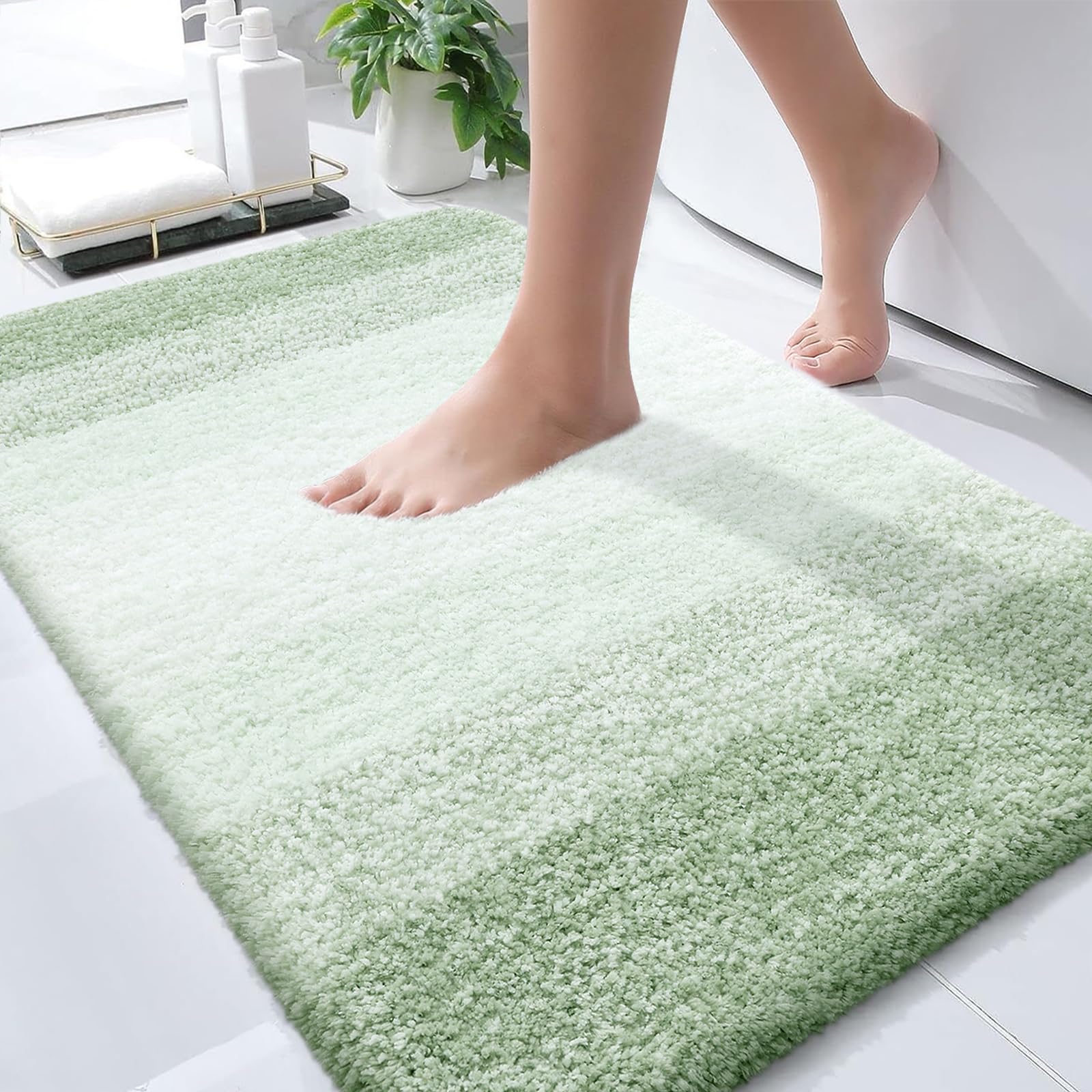 OLANLY bath mat Sage Green top view with plush pile for cozy feet