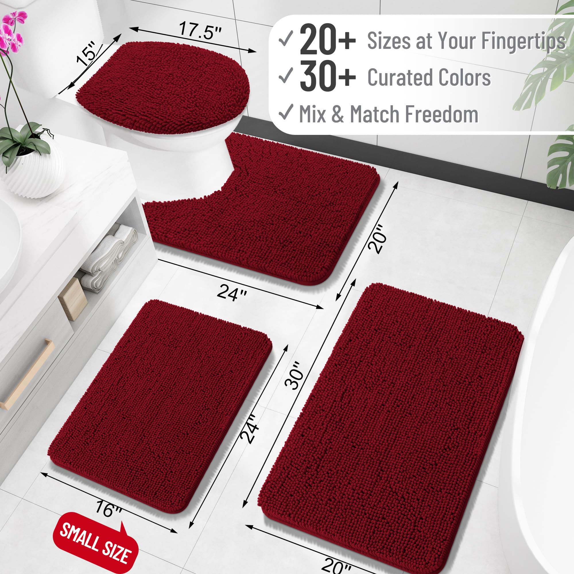 OLANLY bathroom rug burgundy dense-chenille absorbs water quickly for a dry floor
