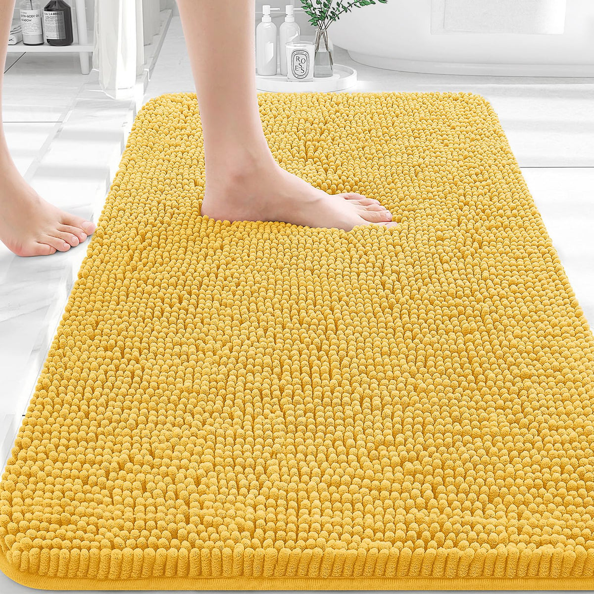 OLANLY bath rug 30x20 in yellow with soft-chenille for cozy feet after shower