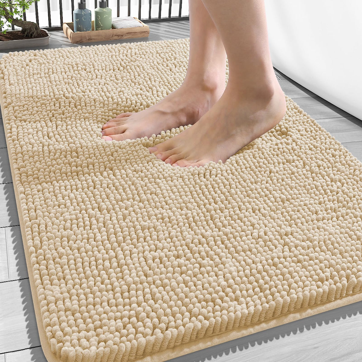 OLANLY beige 34x21 chenille bath rug with soft, plush texture for cozy feet.