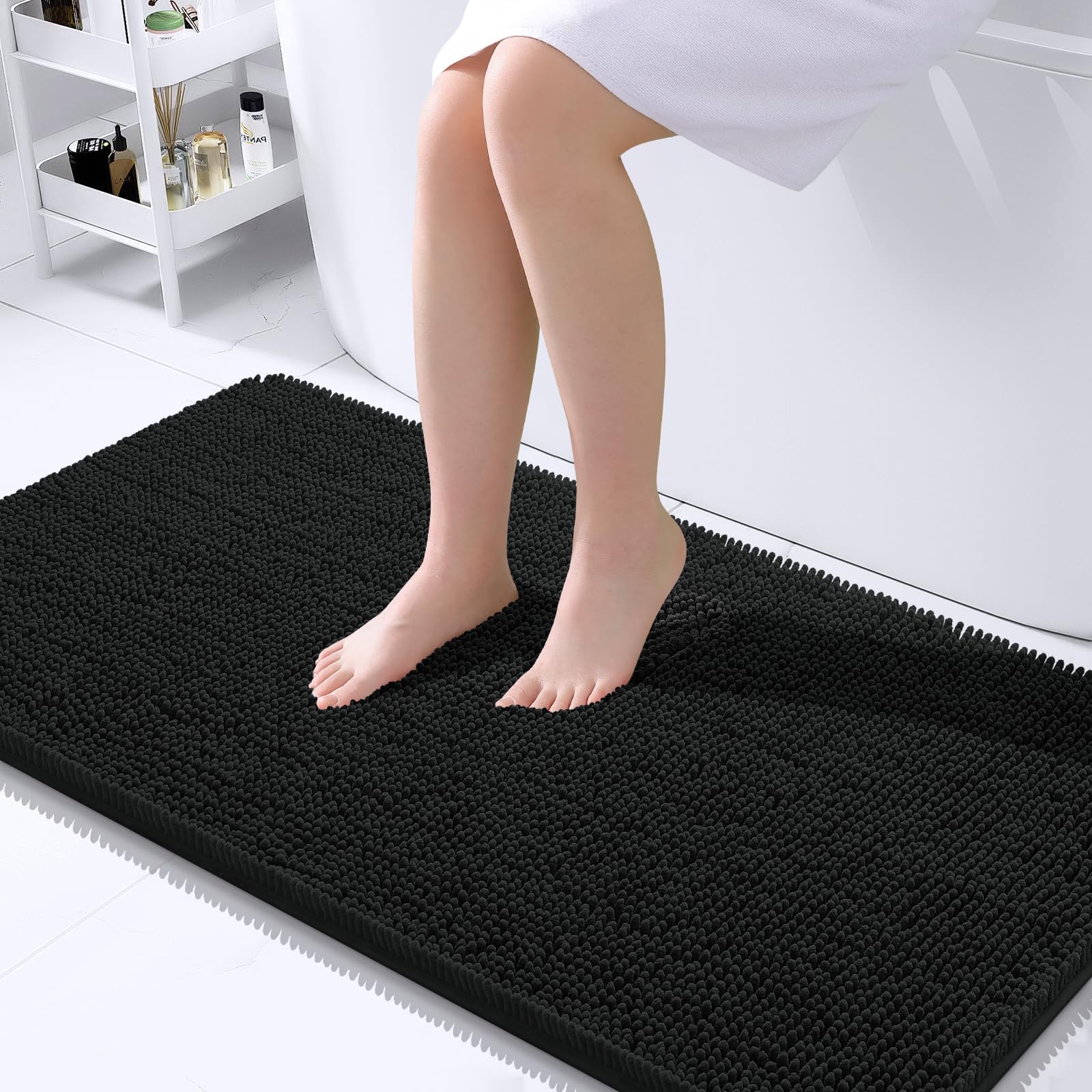 OLANLY large bath rug 40x24 in black with plush chenille for toe-warming comfort.