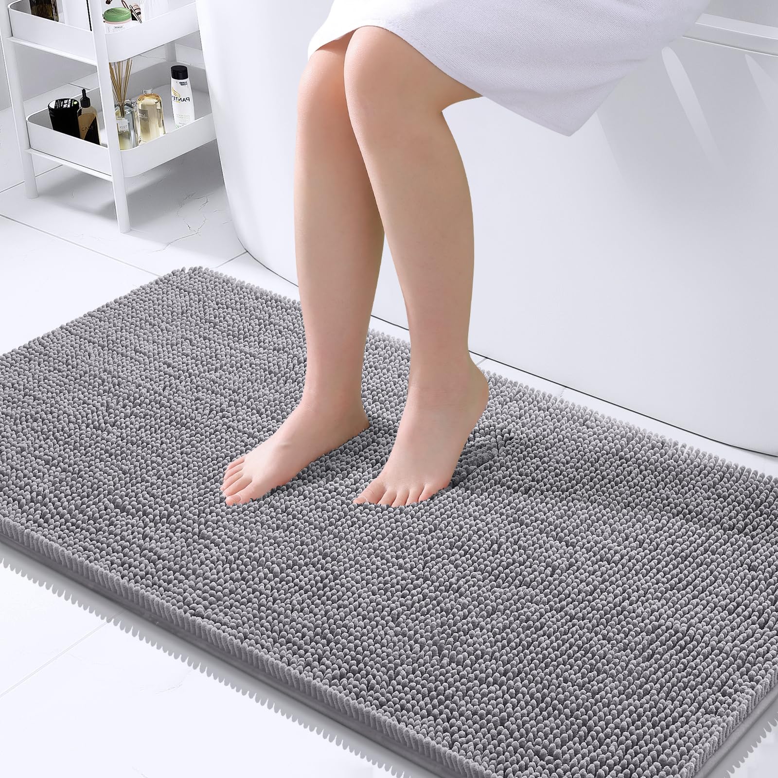 OLANLY bath rug 40x24 gray close-up highlights plush chenille for soft, warm steps.