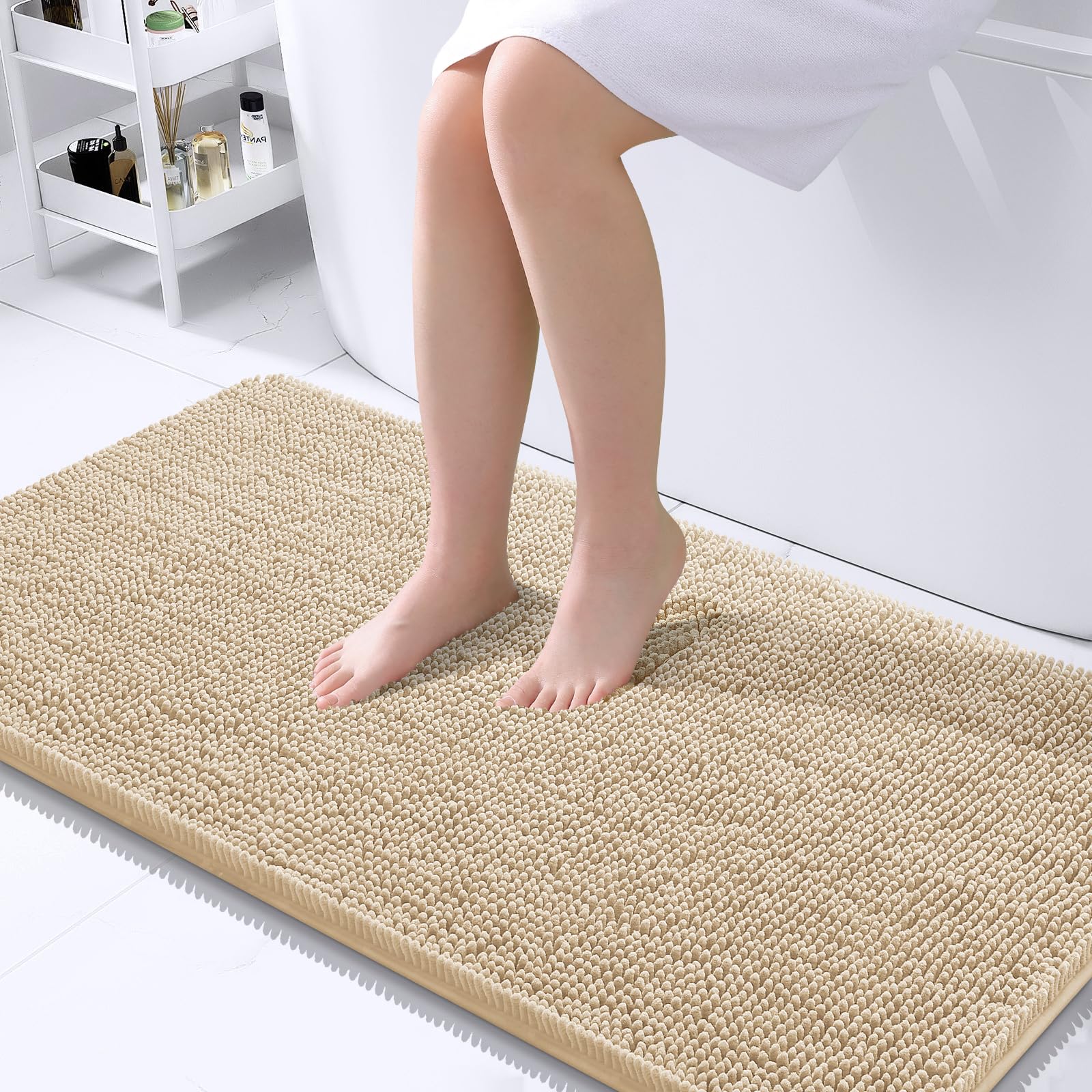 OLANLY bath rug with soft chenille offering warm, cushioned footing