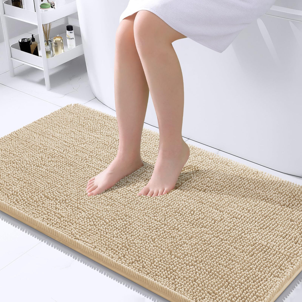 OLANLY bath rug with soft chenille offering warm, cushioned footing