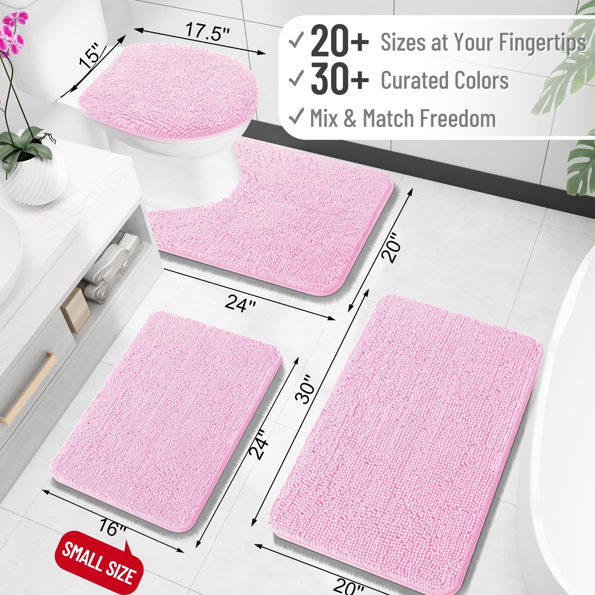 OLANLY bath rug chenille pink full view highlights plush pile and color.