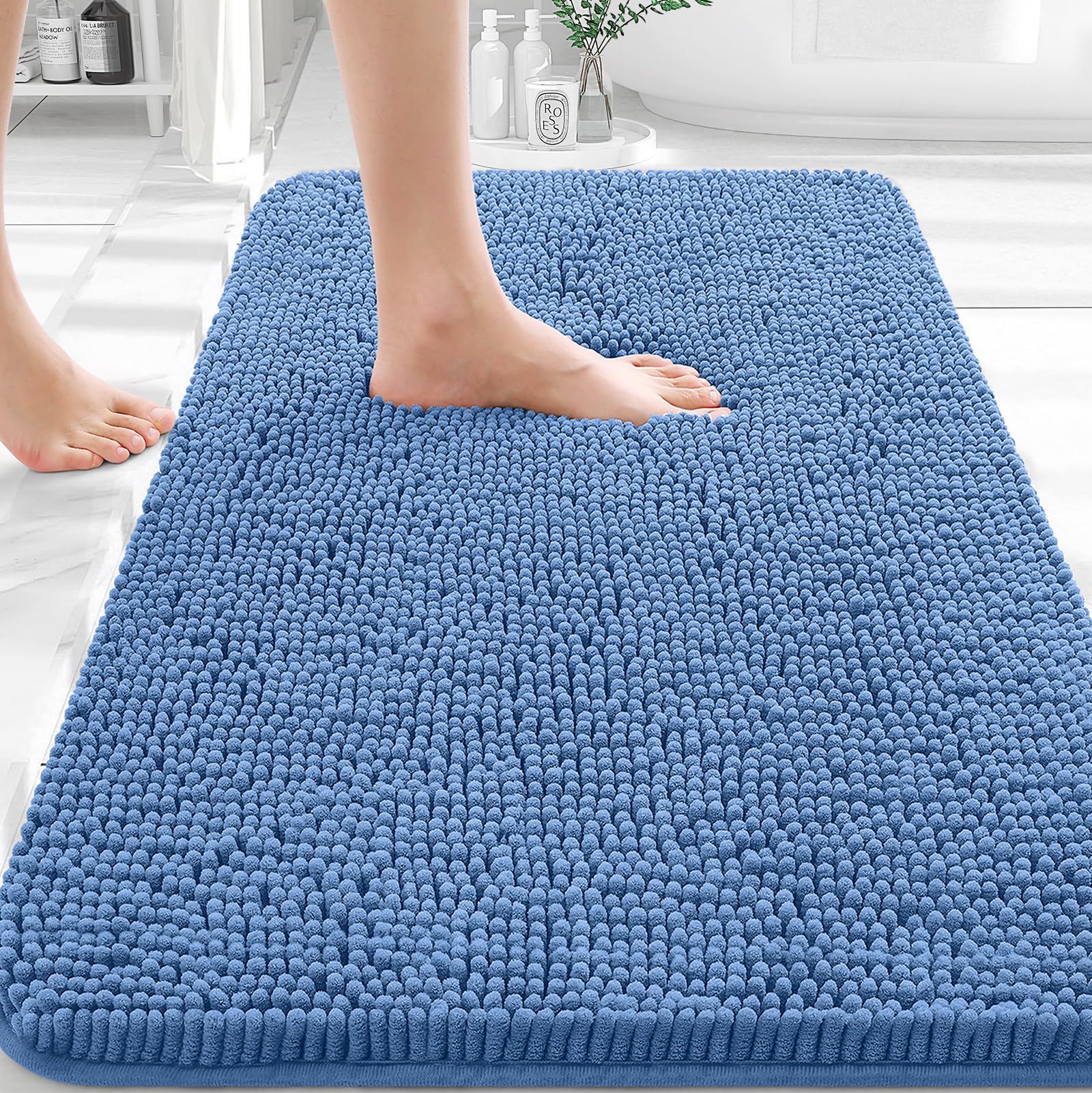 OLANLY bath rug in cornflower blue with soft chenille for cozy, plush foot comfort.