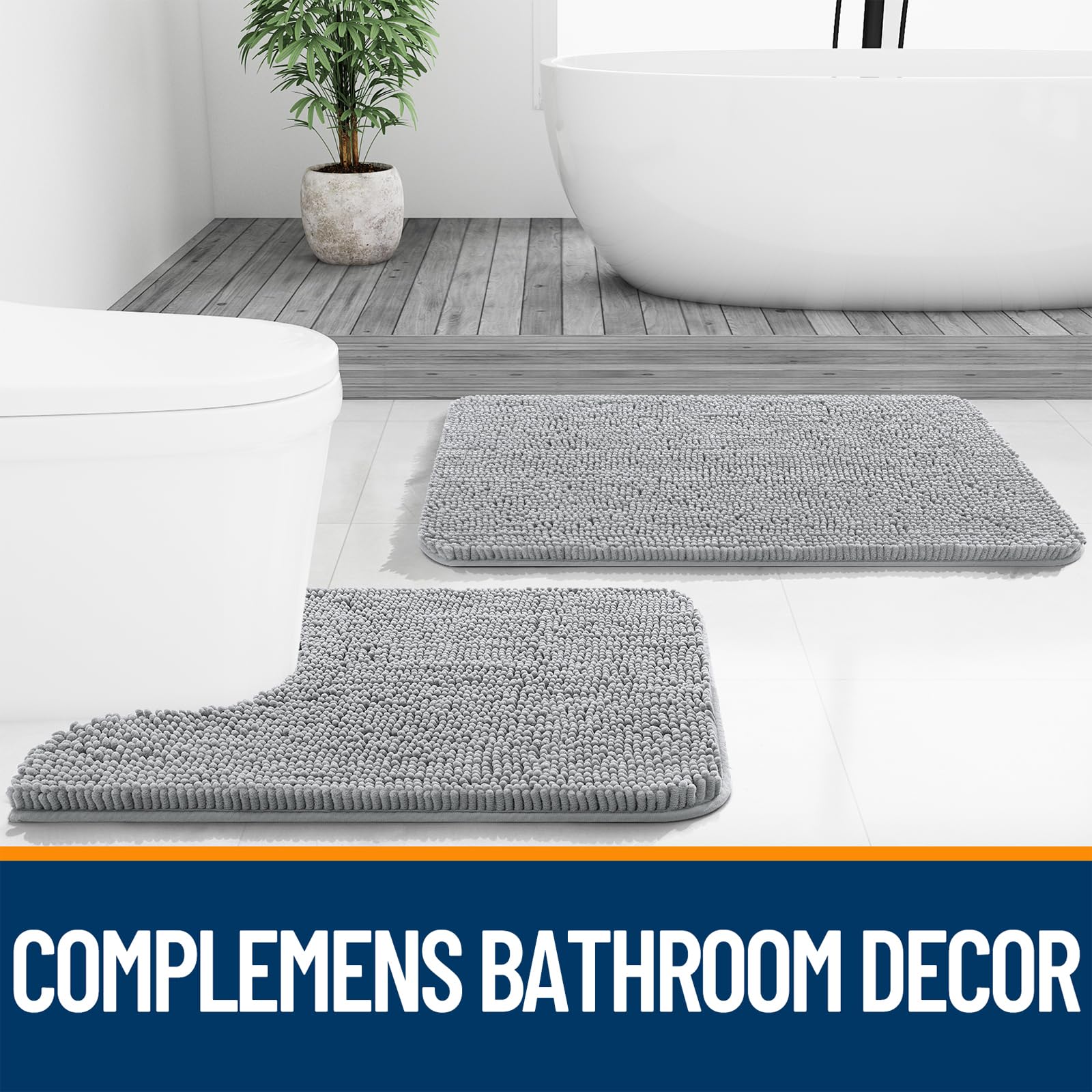 OLANLY light grey bath rug complements bathroom decor color palette.