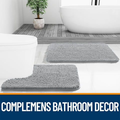 OLANLY light grey bath rug complements bathroom decor color palette.
