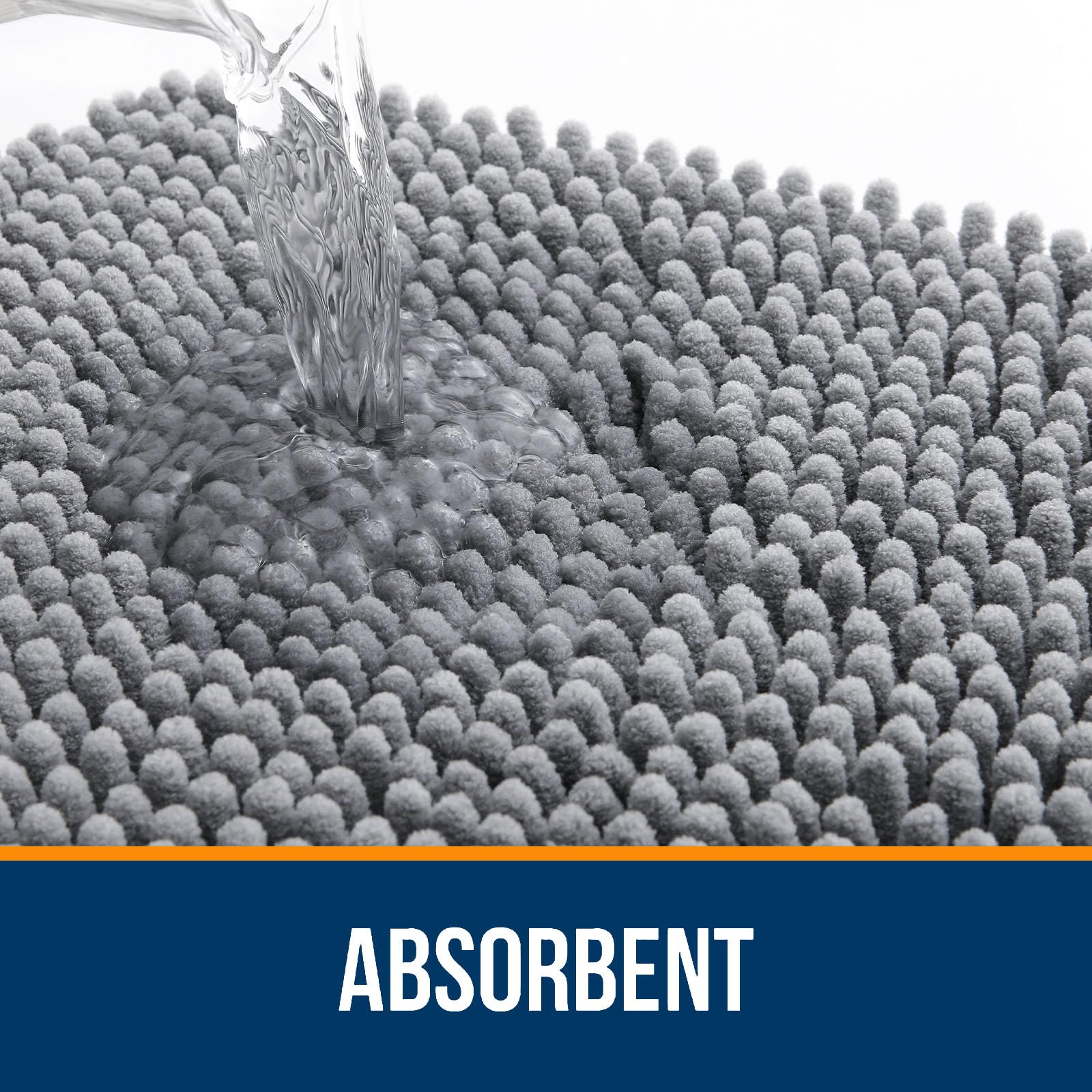 OLANLY bath rug set 3-piece gray chenille texture closeup highlights softness.