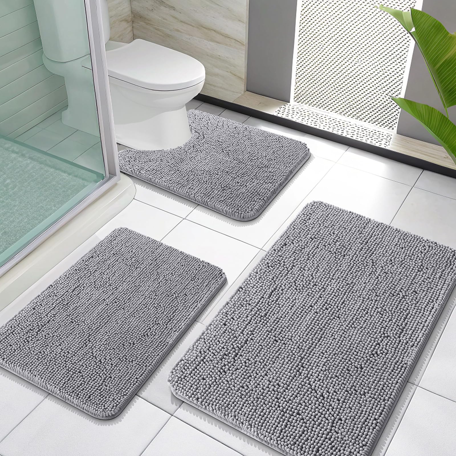 OLANLY bath rug set 3-piece gray front view shows plush chenille comfort.