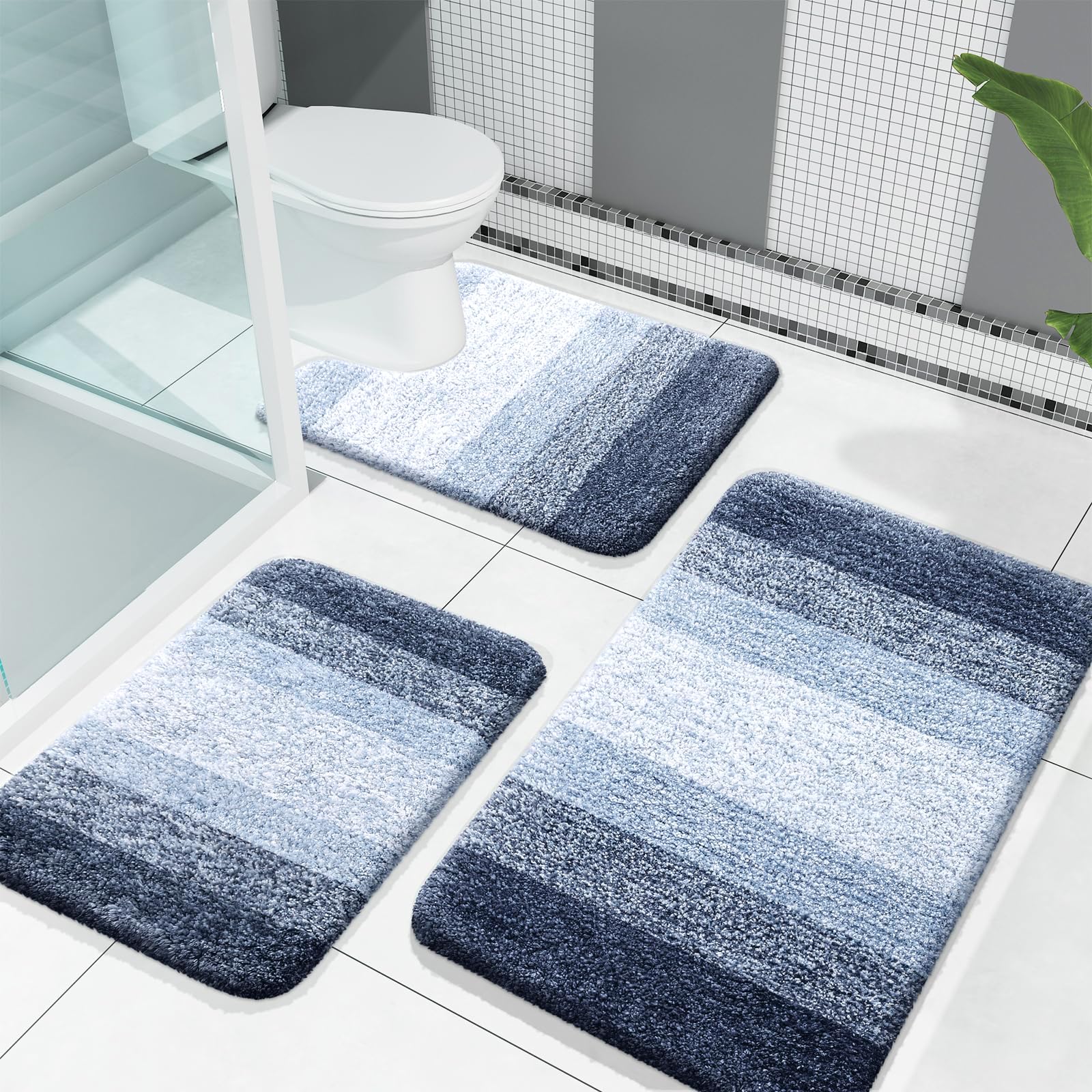 OLANLY bath rug set in dark blue, three-piece layout for full bathroom coverage.