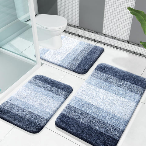 OLANLY bath rug set in dark blue, three-piece layout for full bathroom coverage.