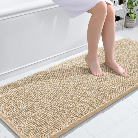OLANLY soft chenille bath rug beige for warm feet and plush comfort.