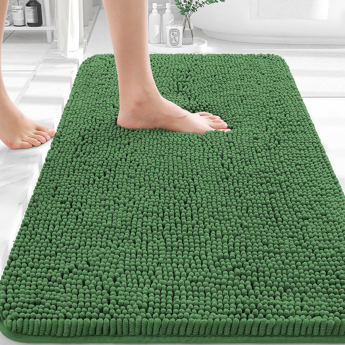 OLANLY bathroom rug front view olive green with plush chenille for warm feet