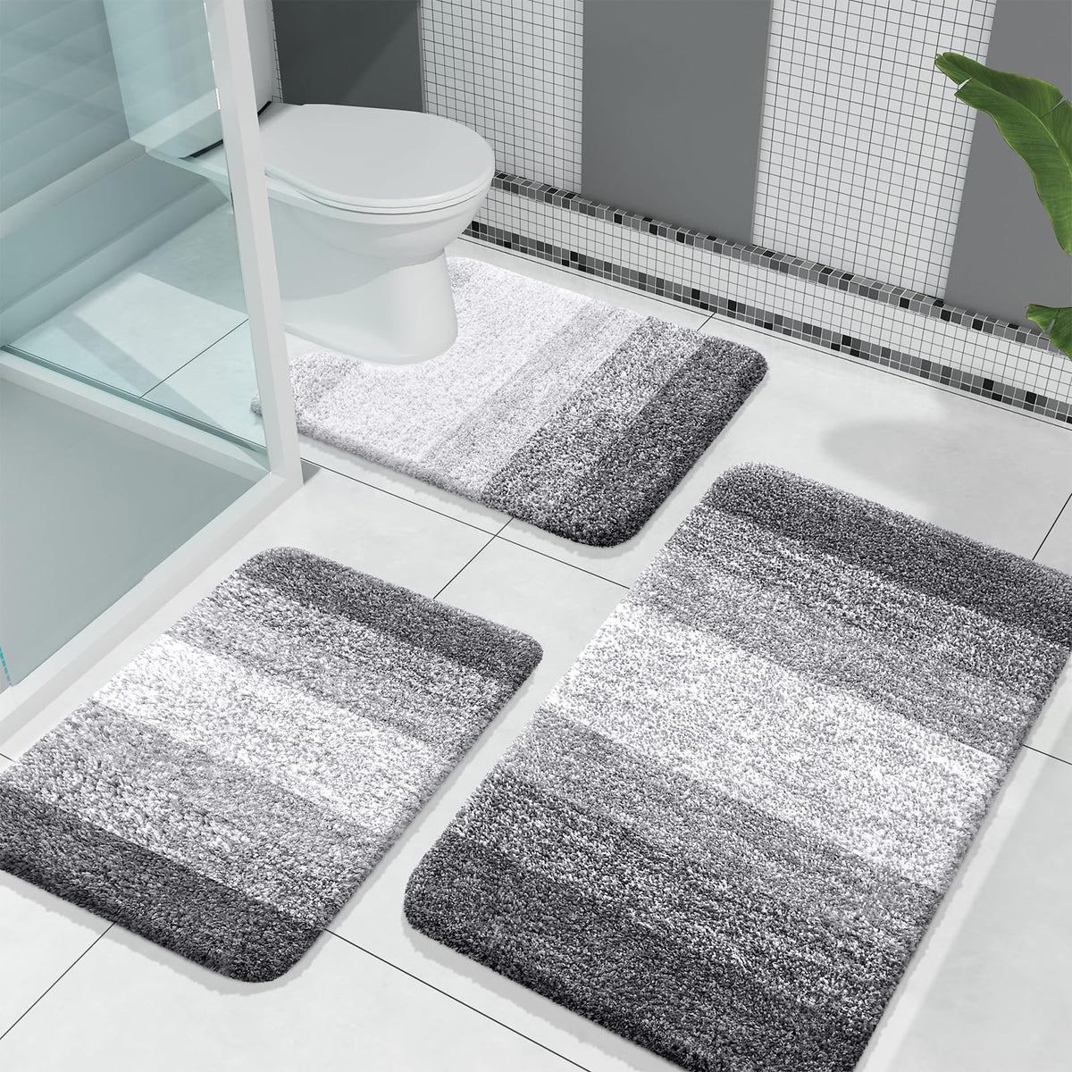 OLANLY 3-Piece bathroom rug set front view highlights plush microfiber underfoot comfort.