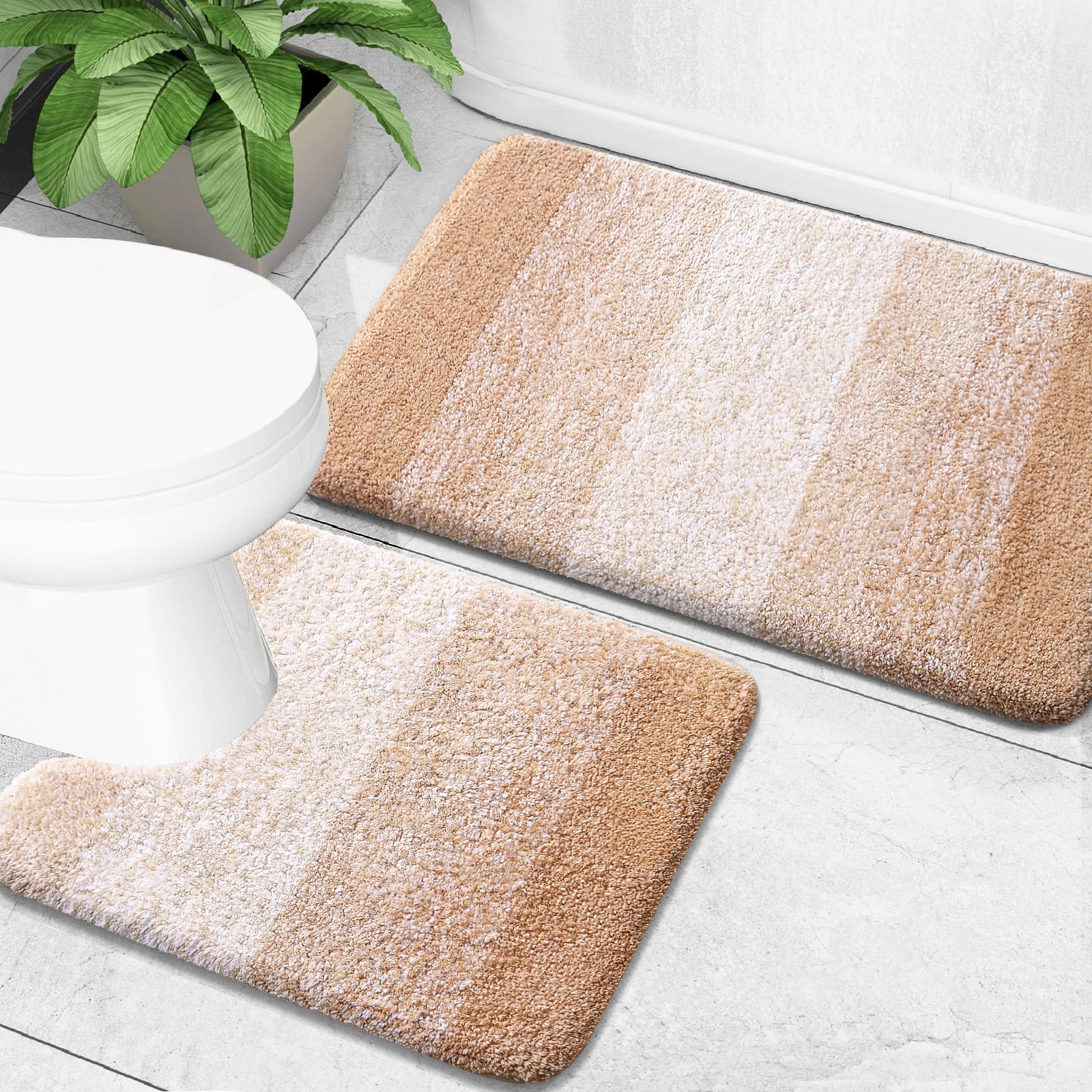 OLANLY bathroom rug set front view beige with plush microfiber for cozy feet