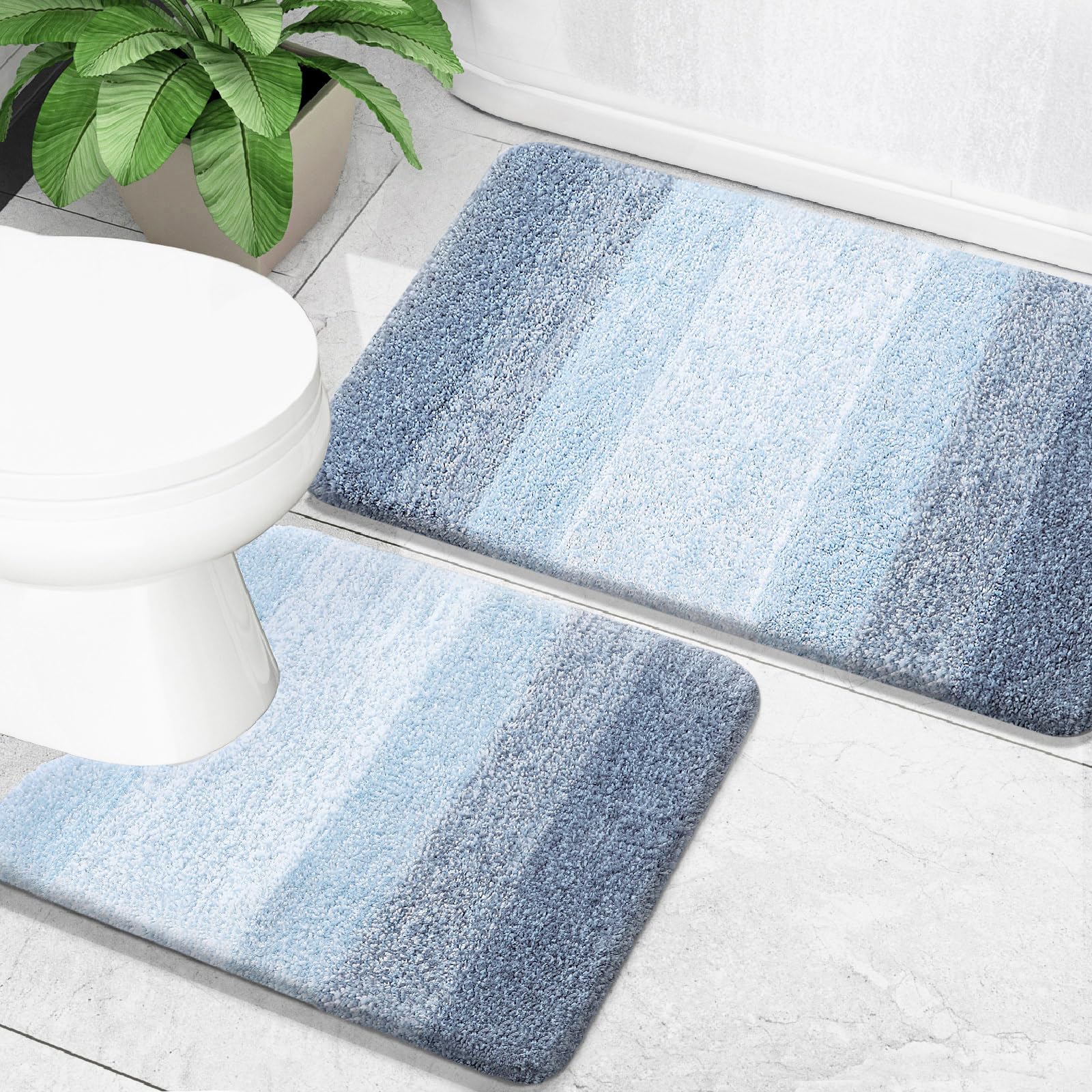 OLANLY bathroom rug set 2-piece blue microfiber mats provide plush softness with quick-dry absorption.