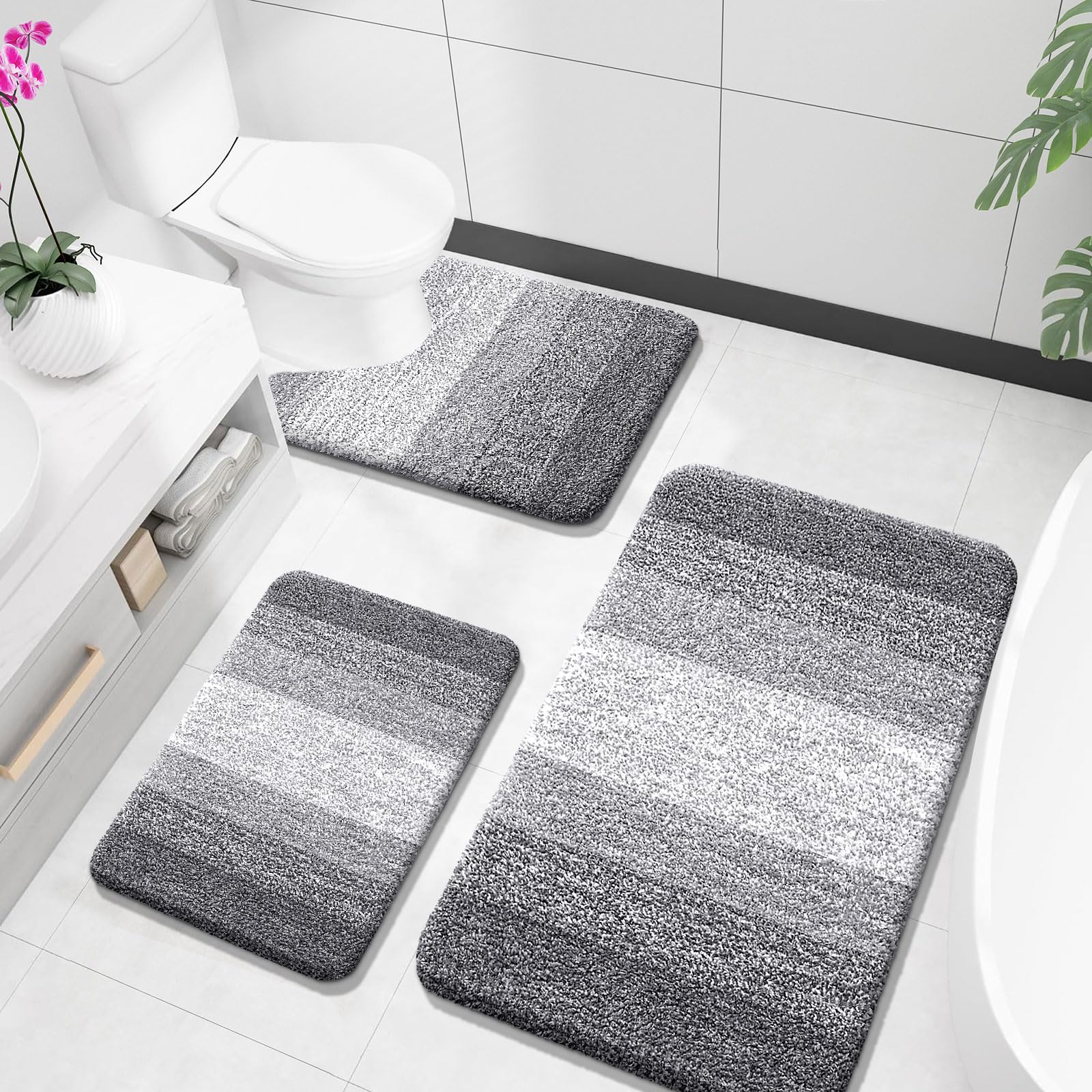 OLANLY 3-piece gray bathroom rug set with plush microfiber for comfort and style.
