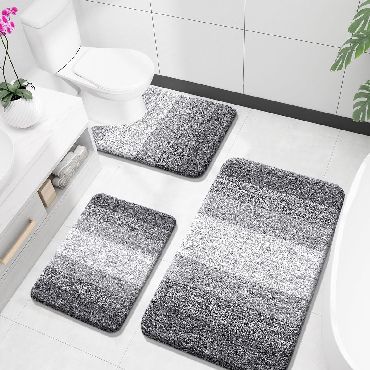 OLANLY 3-piece gray bathroom rug set with plush microfiber for comfort and style.
