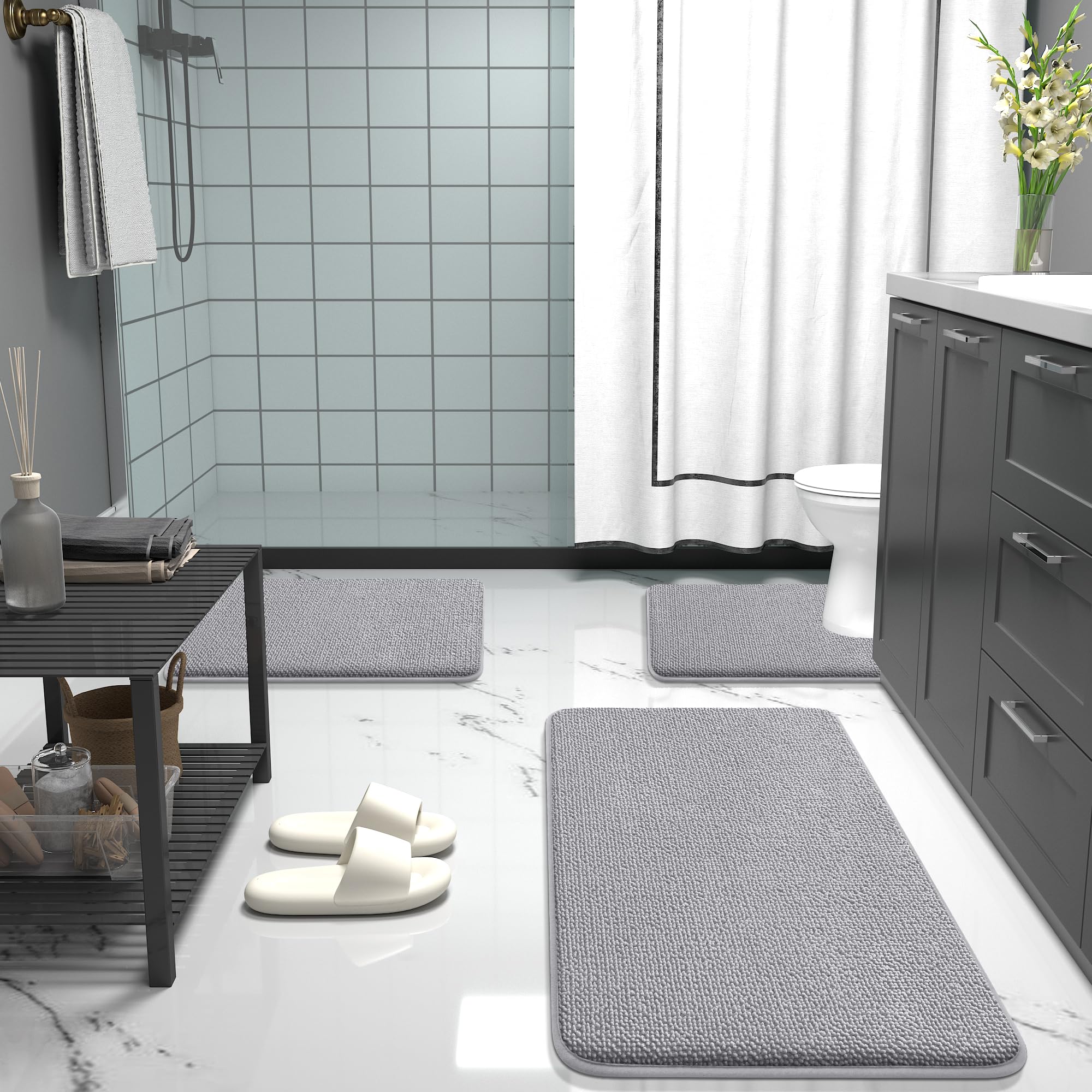 OLANLY machine-washable grey bath mats are easy to care for