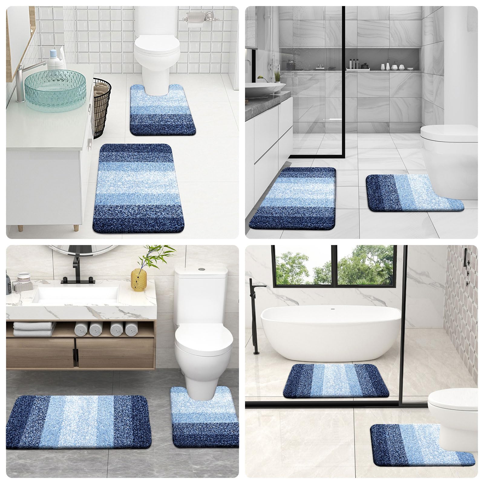 OLANLY navy bathroom mat setup in a full bathroom scene.