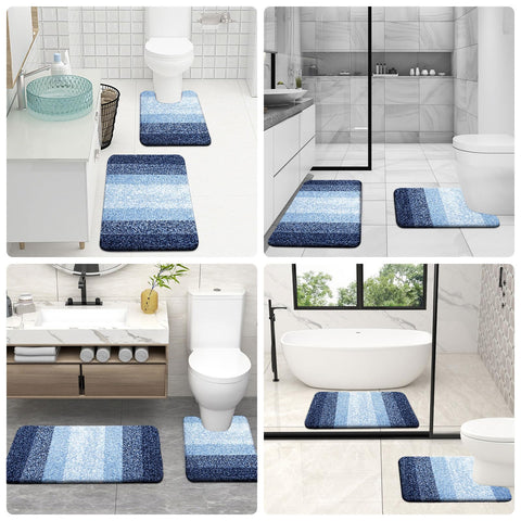 OLANLY navy bathroom mat setup in a full bathroom scene.