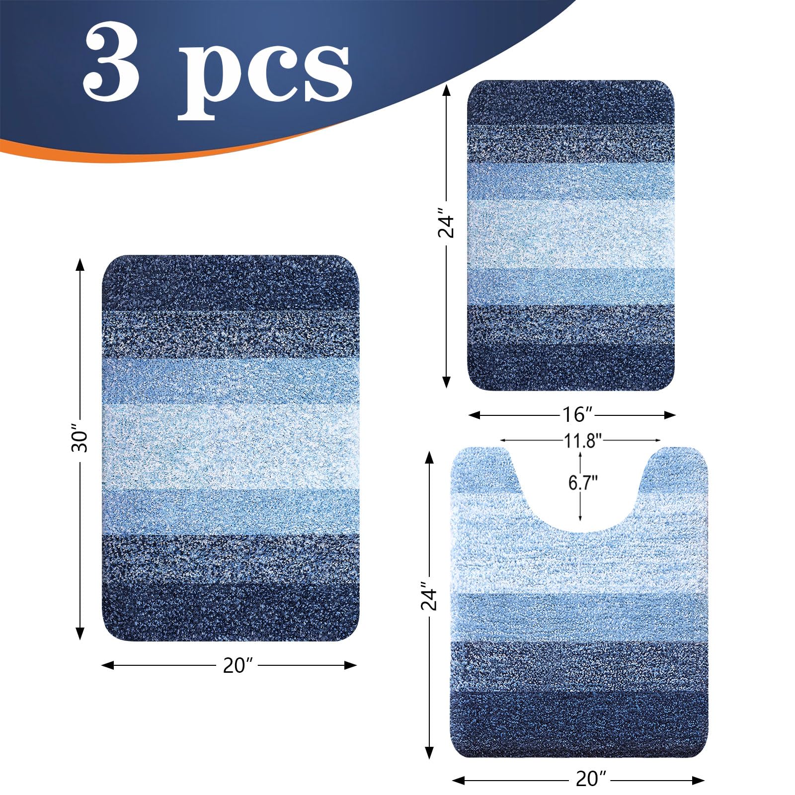 OLANLY navy rug set side view highlighting thick pile for absorbency.