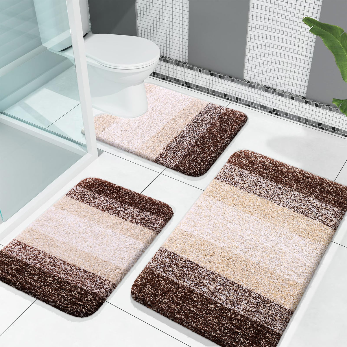 OLANLY brown 3-piece rug set front of sink for plush comfort.