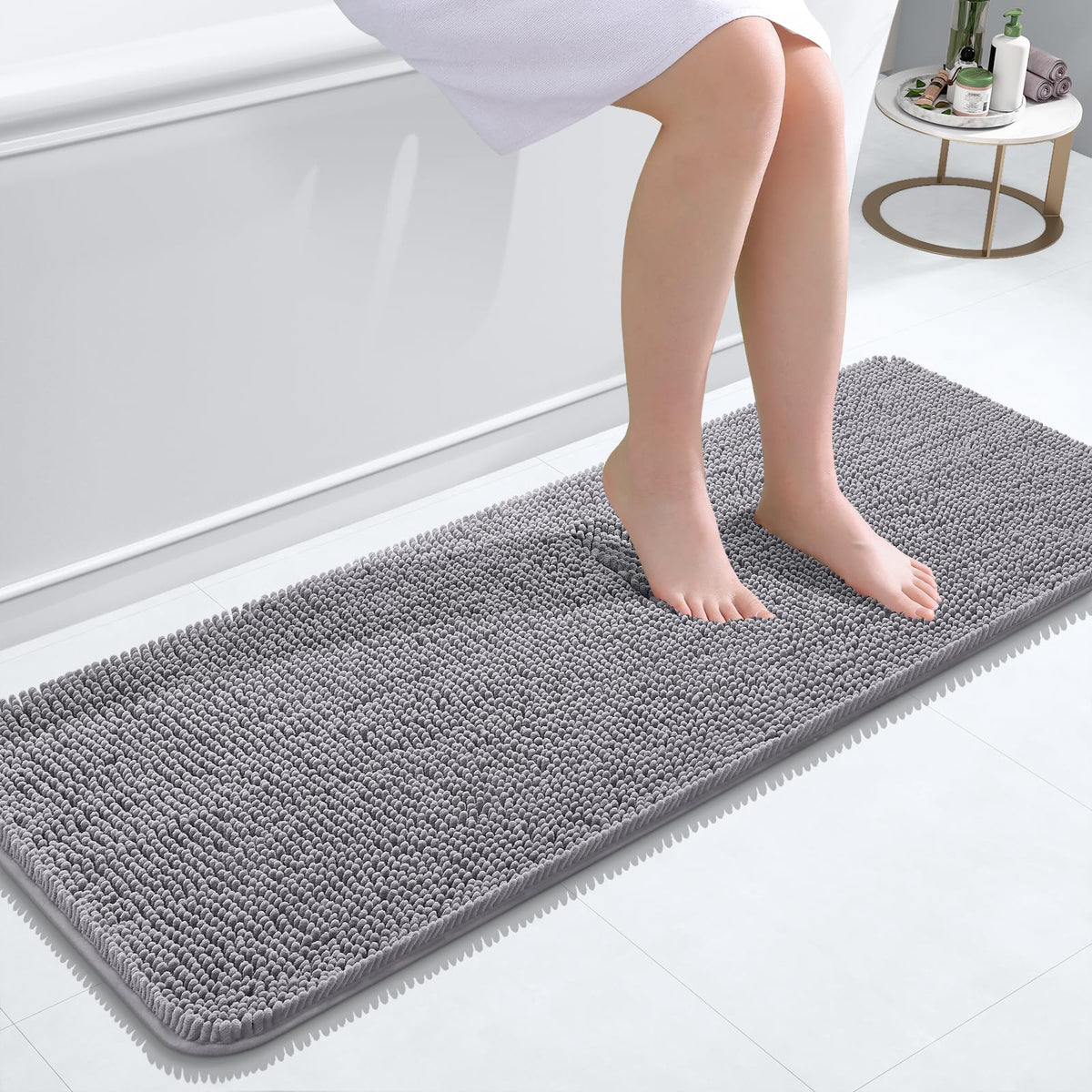 OLANLY bathroom runner closeup shows plush chenille texture for cozy feet.