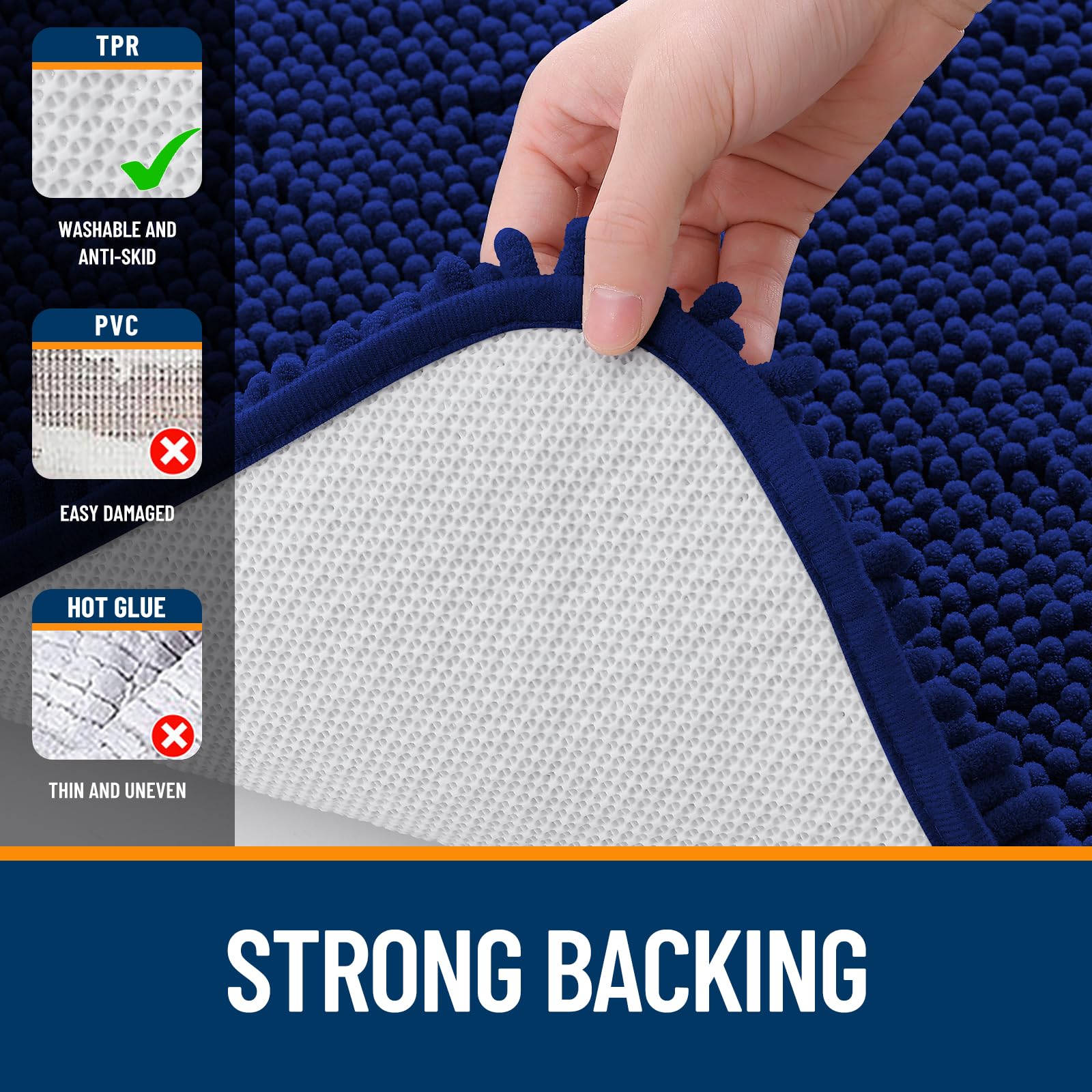 OLANLY navy bath rug complements decor while helping keep floors dry.