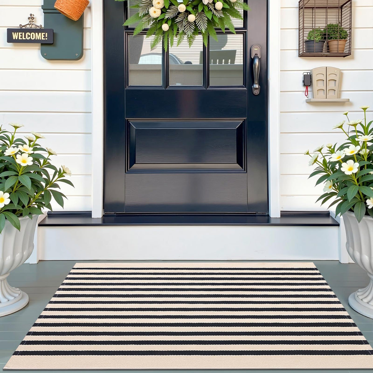 OLANLY beige and black striped rug close-up weave, sturdy for daily entryway use.