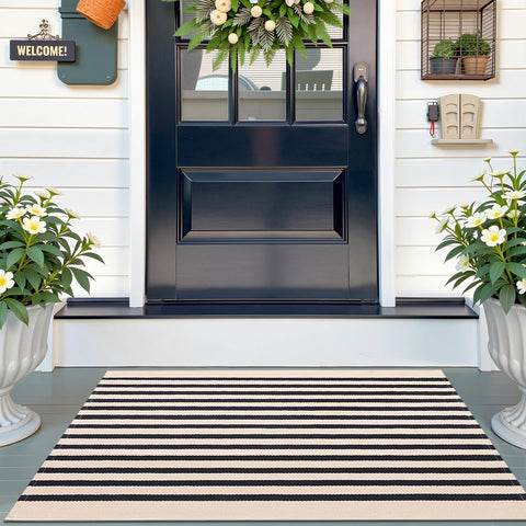 OLANLY beige and black striped rug close-up weave, sturdy for daily entryway use.