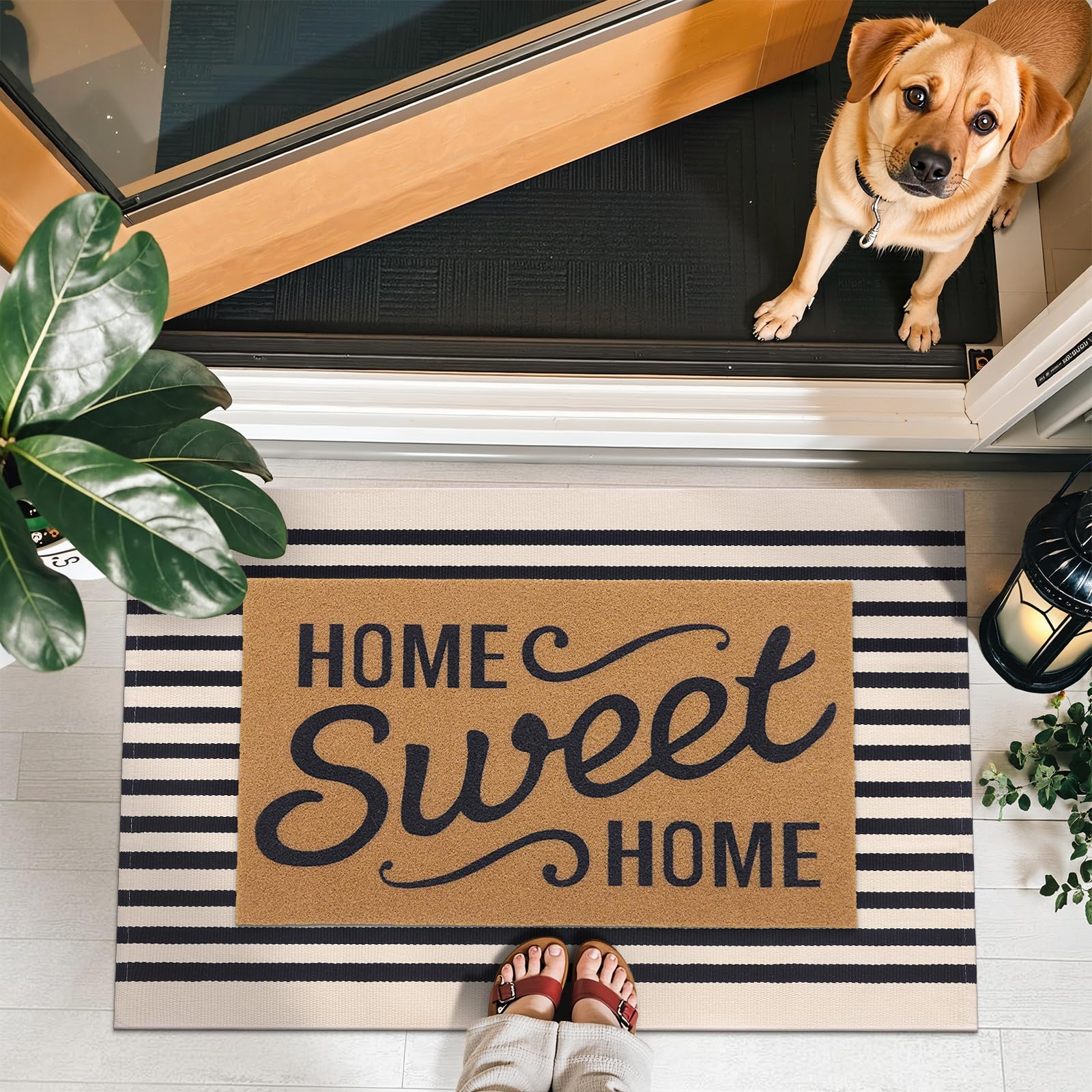 OLANLY beige and black striped rug entryway mat demonstrates porch-ready styling.
