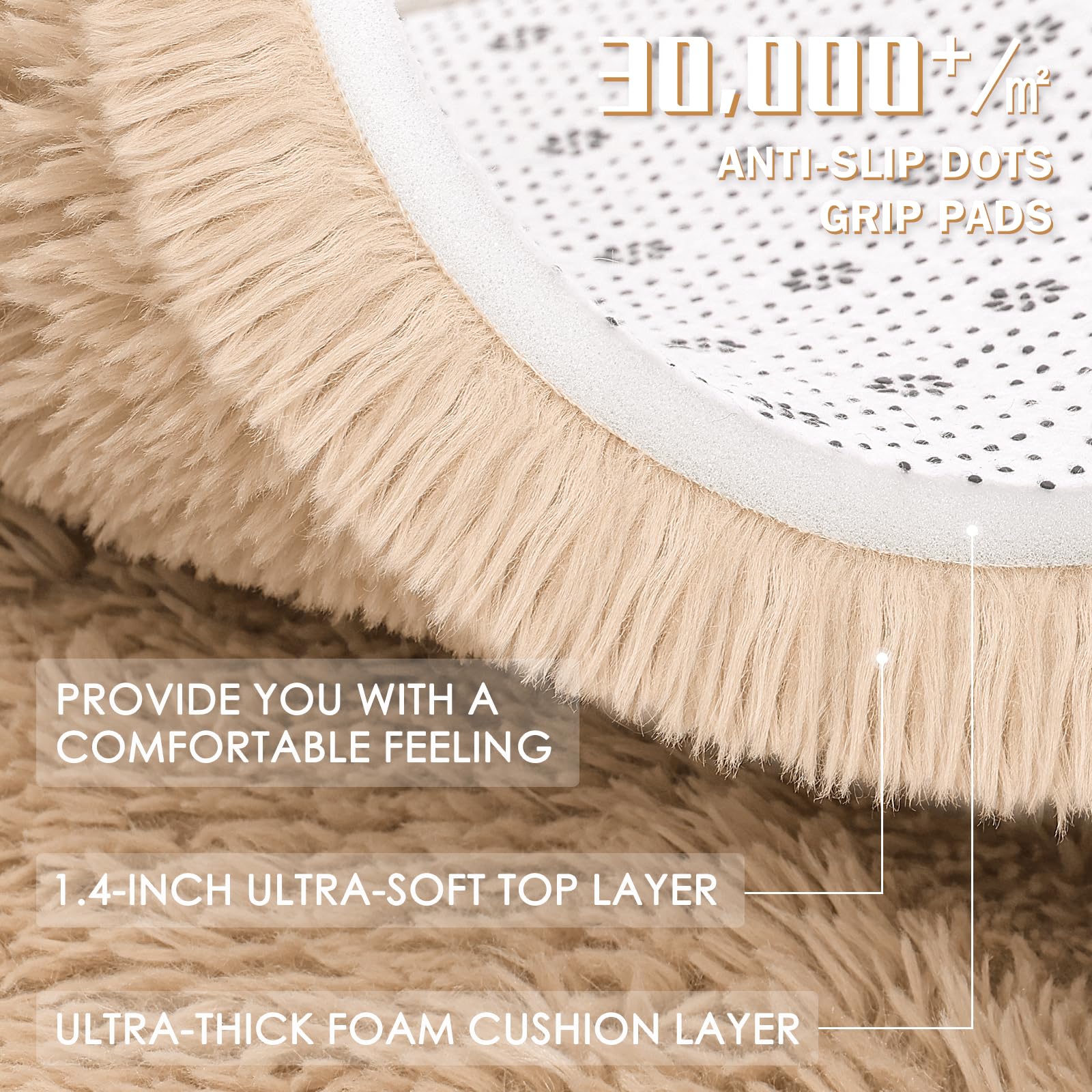 OLANLY beige round rug enhances bedroom decor with warm tone.