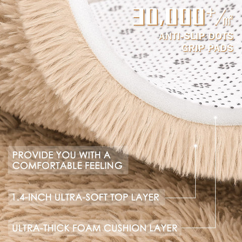 OLANLY beige round rug enhances bedroom decor with warm tone.