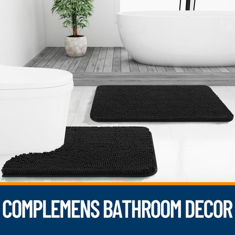 OLANLY black chenille rug complements modern bathroom decor.