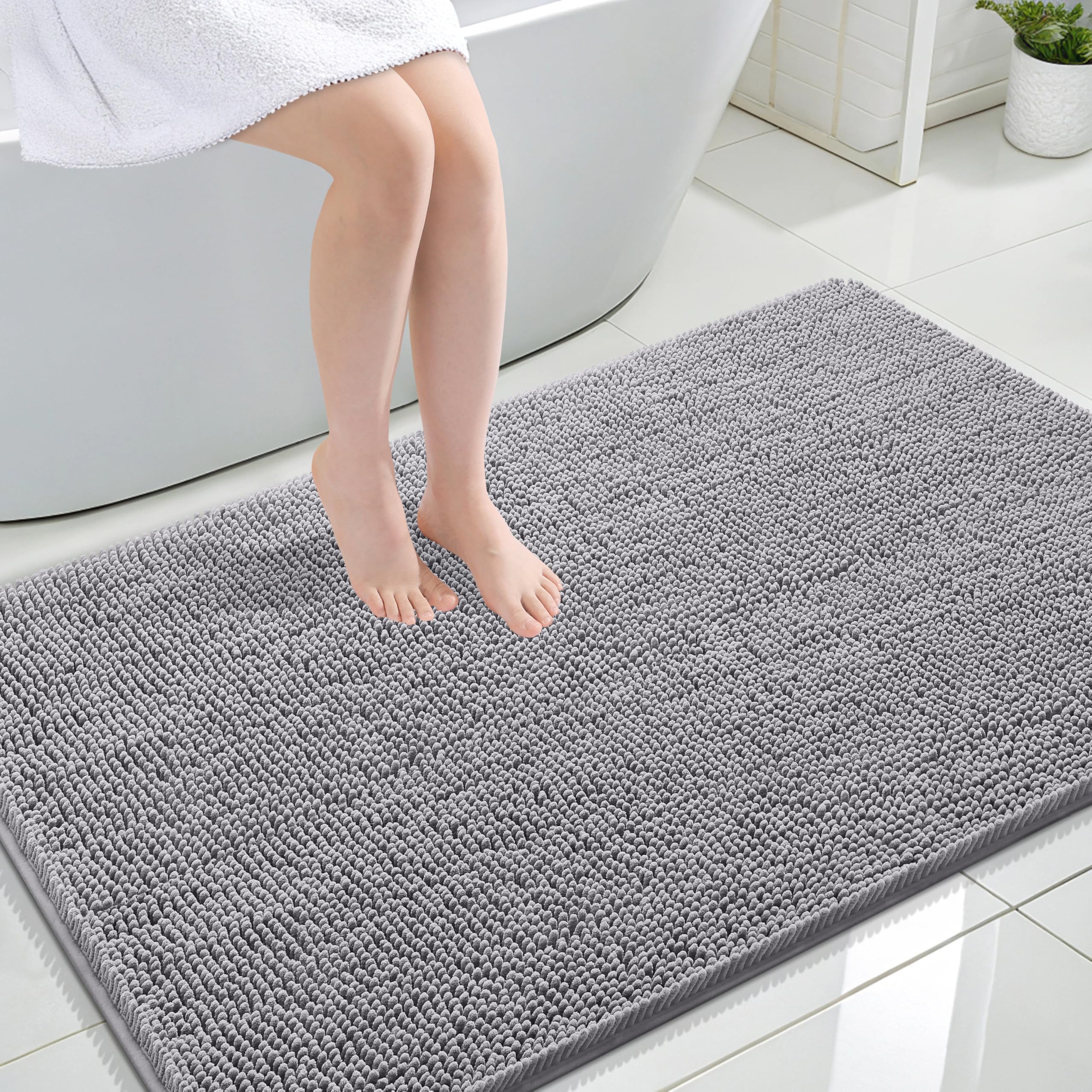 OLANLY large bathroom rug gray with plush chenille for warm feet and quick drying.