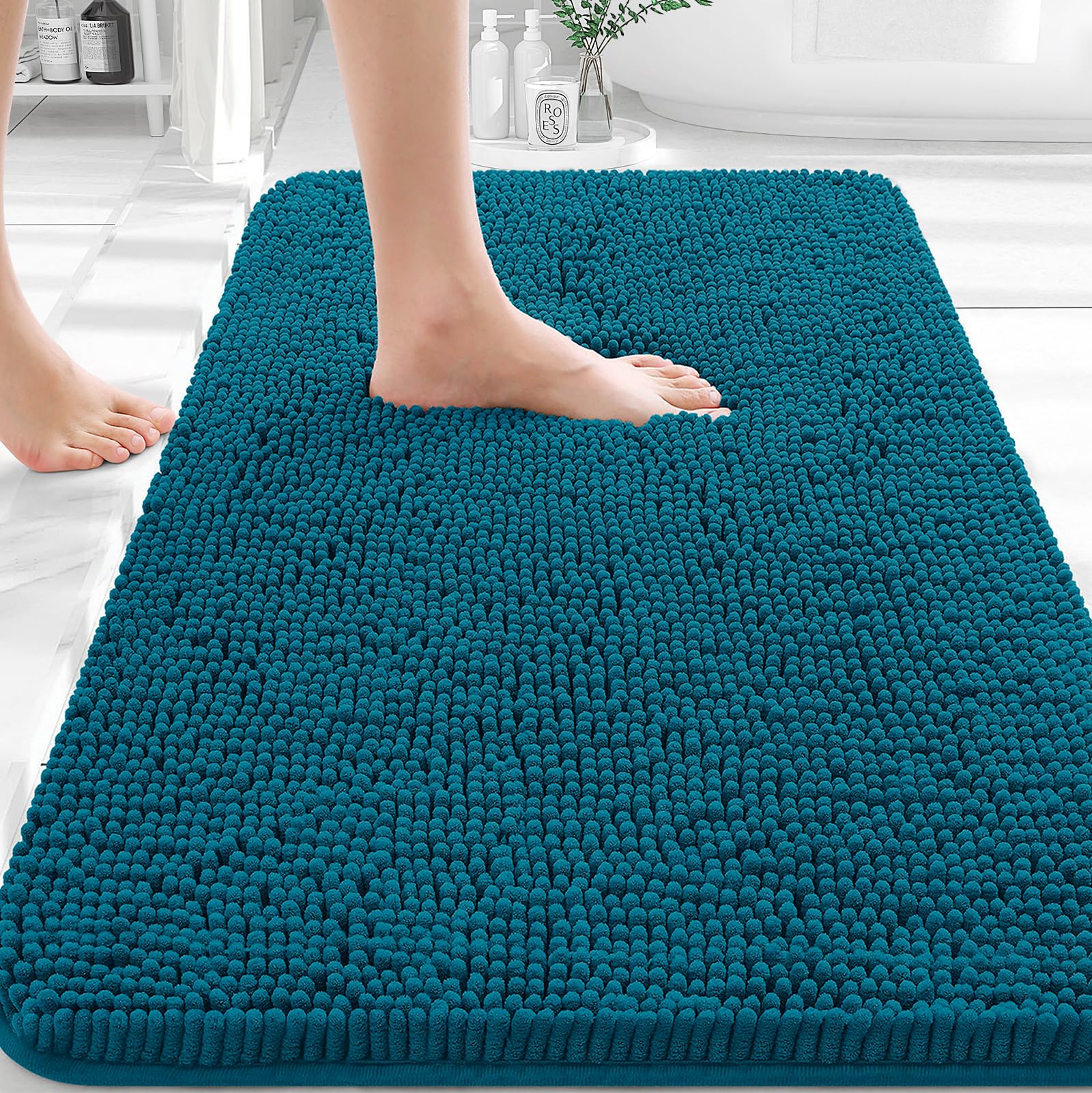 OLANLY Peacock Blue bath rug with plush chenille for cozy feet.