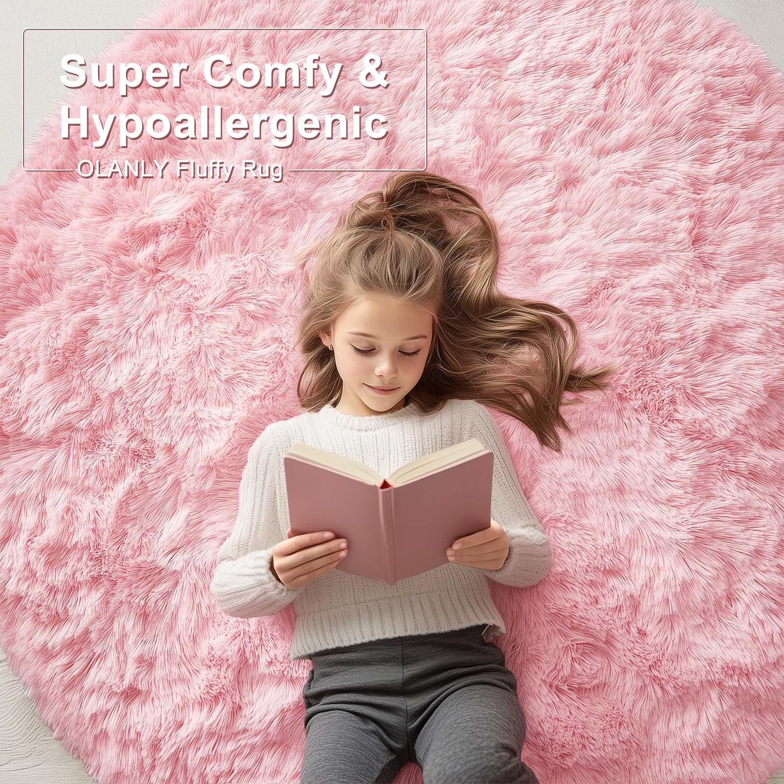 OLANLY pink round rug with non-slip base for stable placement on floors.