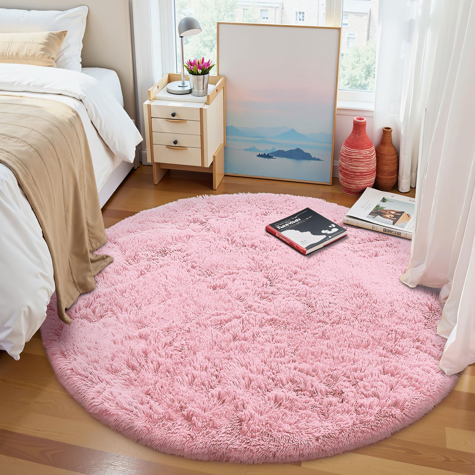 OLANLY pink round rug for teen rooms offers kid-friendly play surface.