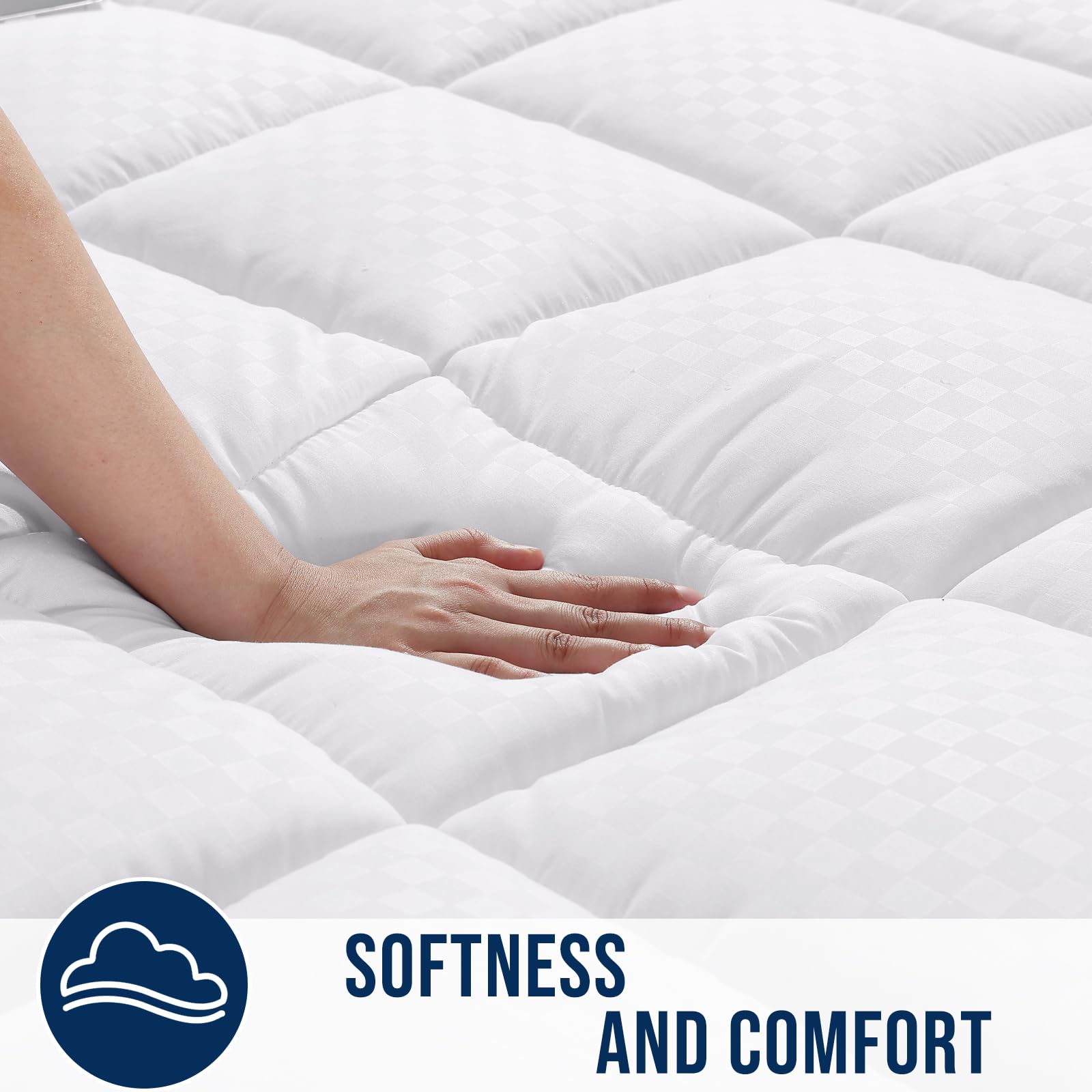 OLANLY Queen Quilted Mattress Pad deep-pocket fit illustrates secure hold up to 21 inches