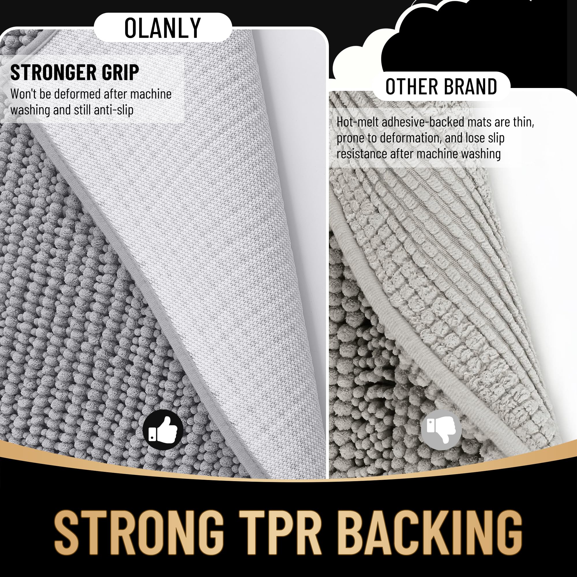 OLANLY rubber-backed mat grips floors for stable, slip-free use.