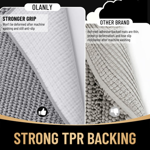 OLANLY rubber-backed mat grips floors for stable, slip-free use.
