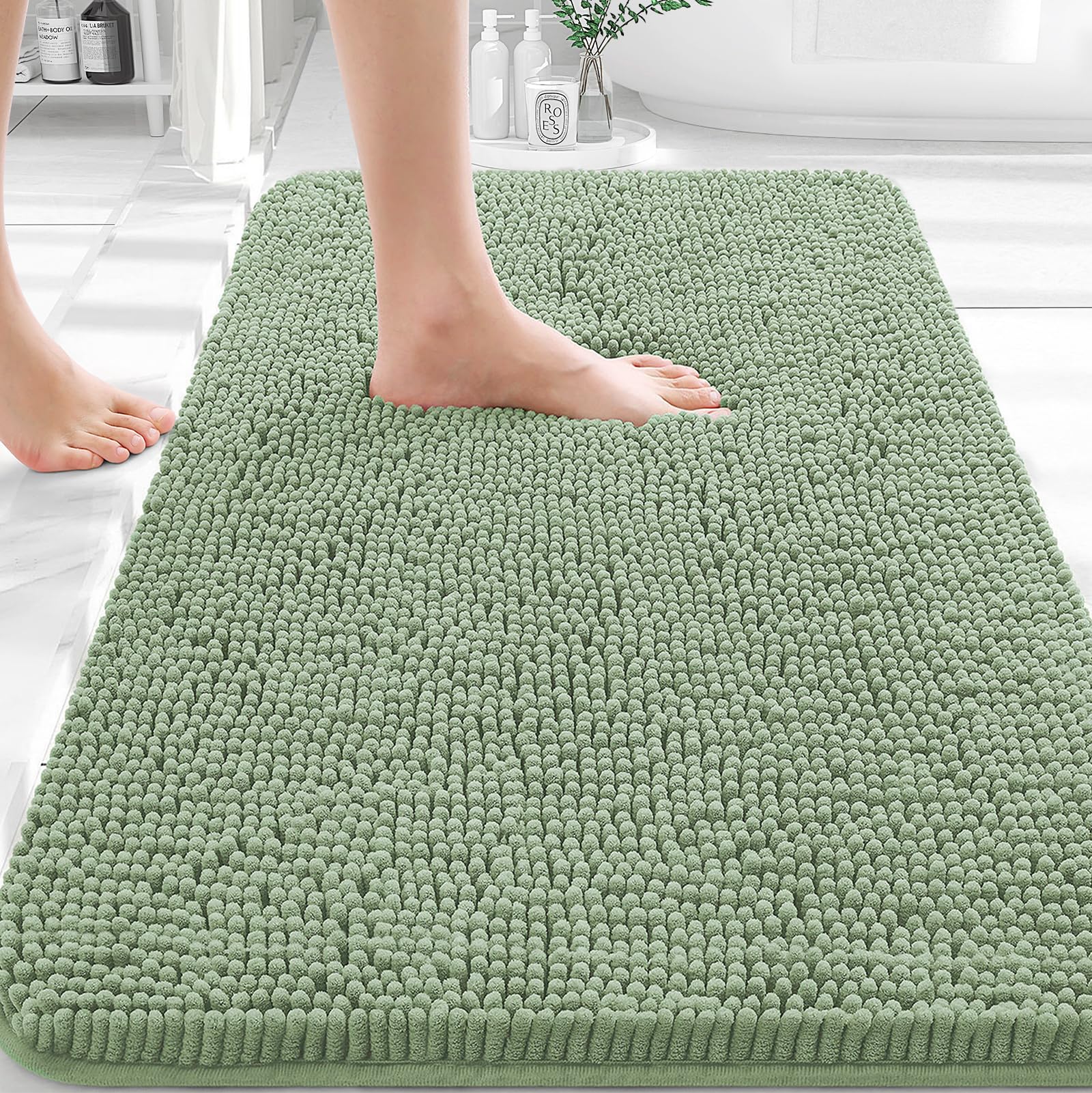 OLANLY Sage Green bath rug 30x20 with plush chenille for warm feet after showers.