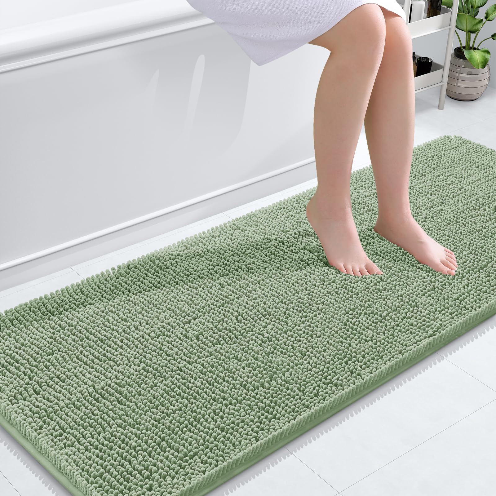 OLANLY Sage Green Bathroom Runner Rug closeup showing plush chenille texture for comfort.