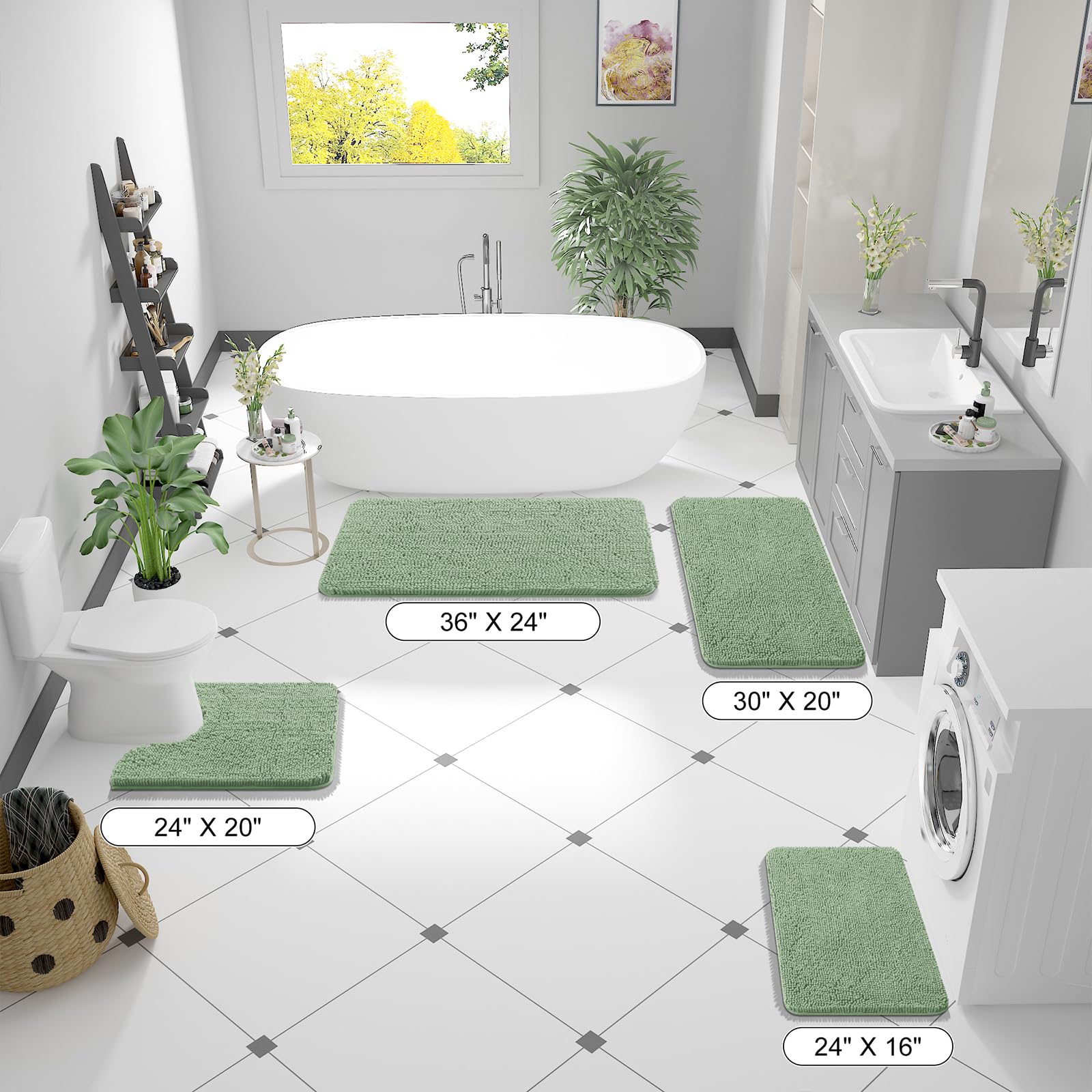 OLANLY Sage Green bathroom runner rug spread on floor highlighting absorbent surface.