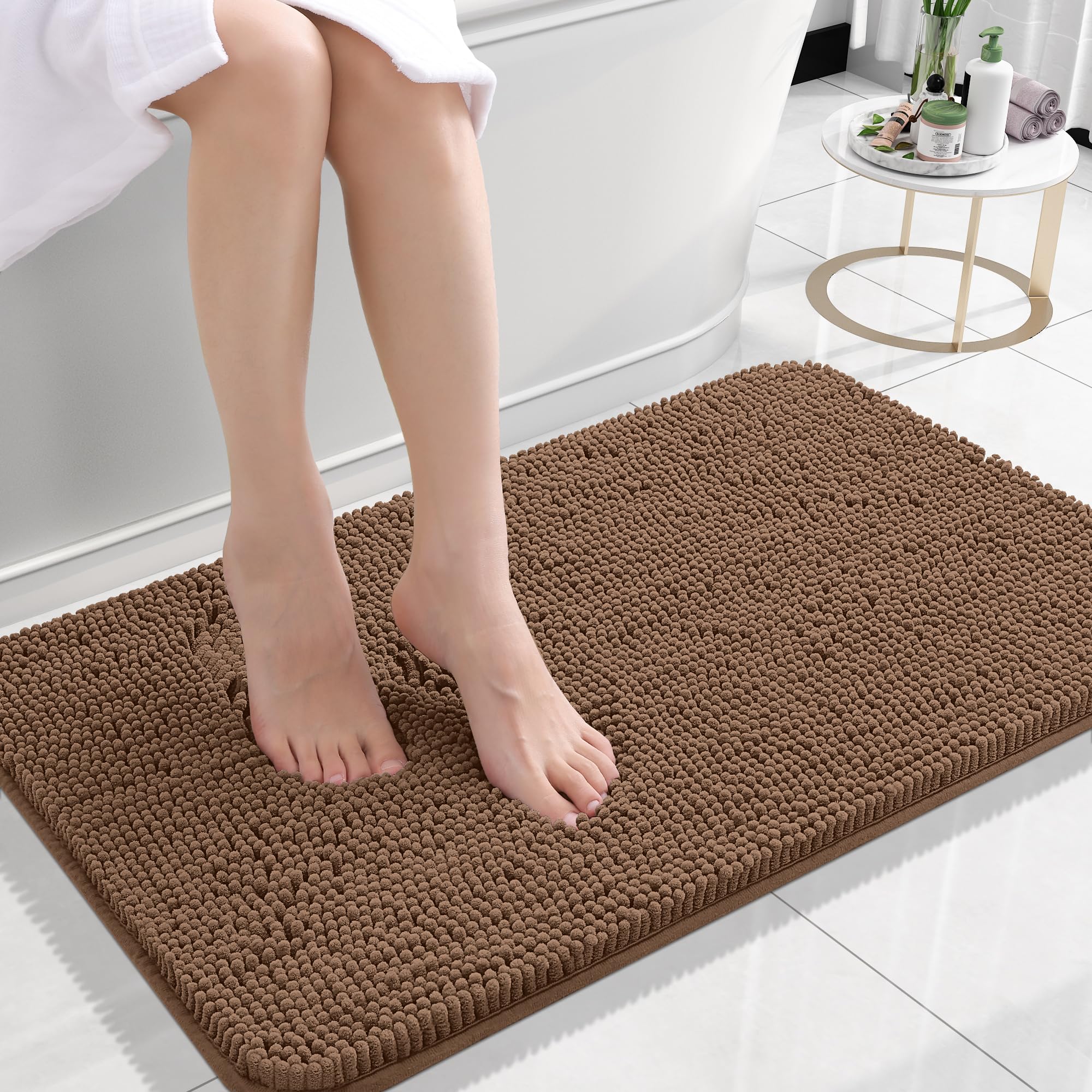 OLANLY mocha 24x16 bathroom rug on tiled floor for warm feet