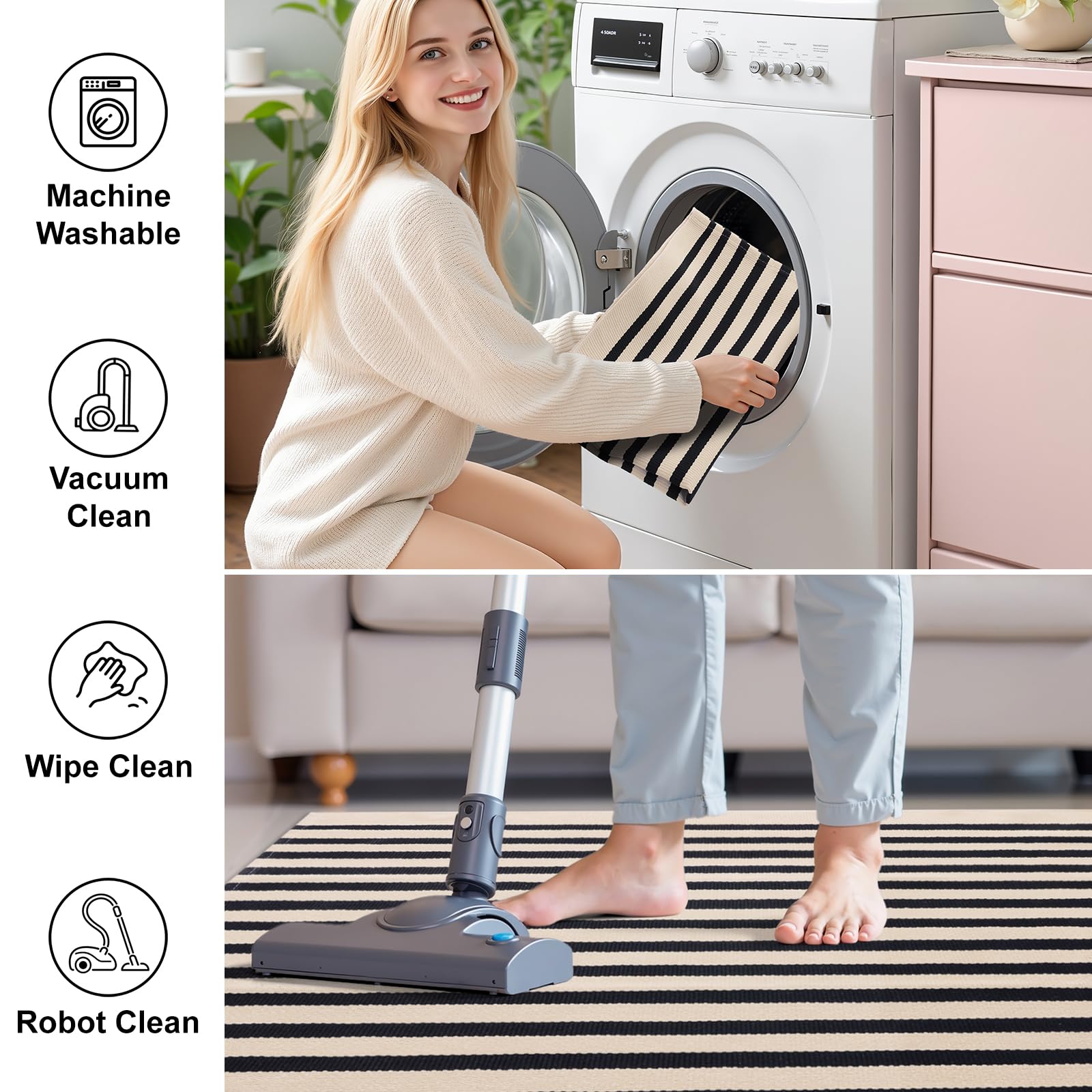 OLANLY stripe pattern detail highlights dense low pile durability.