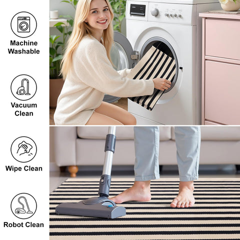 OLANLY stripe pattern detail highlights dense low pile durability.