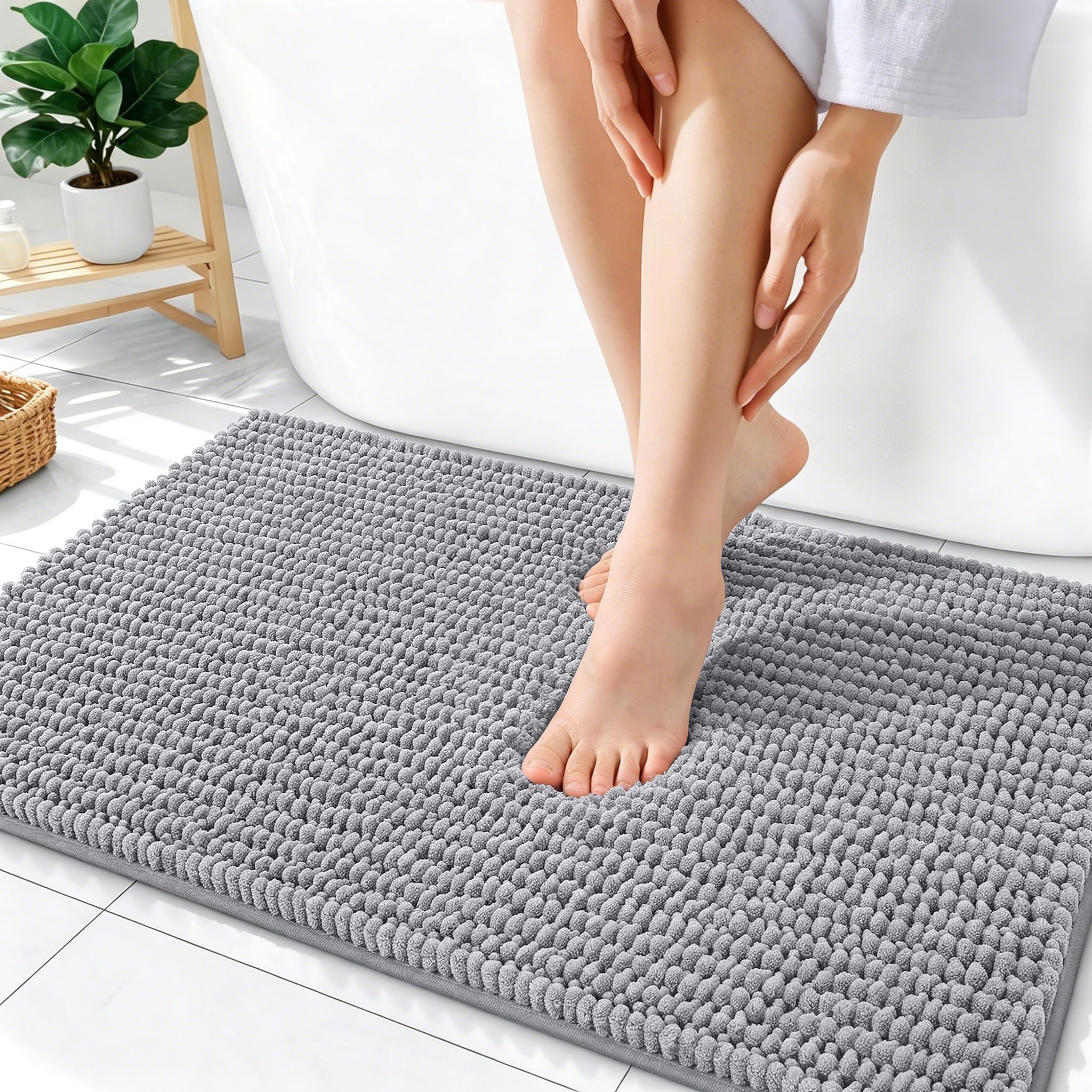 OLANLY thick gray bathroom rug with plush chenille for luxurious comfort.